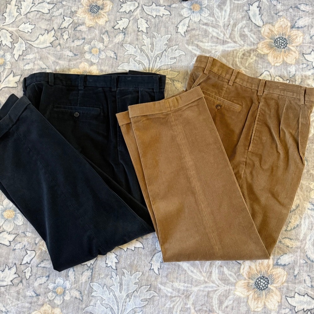 Brooks Brothers Elliot Corduroy Pants Mens 36x32 Blue Brown Pleated Cuffed 2prs - Picture 2 of 16